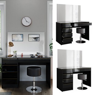 Vicco Schminktisch Sherry Schwarz Hochglanz Gold 120 x 75 cm 5 Schubladen Spiegel Hocker 