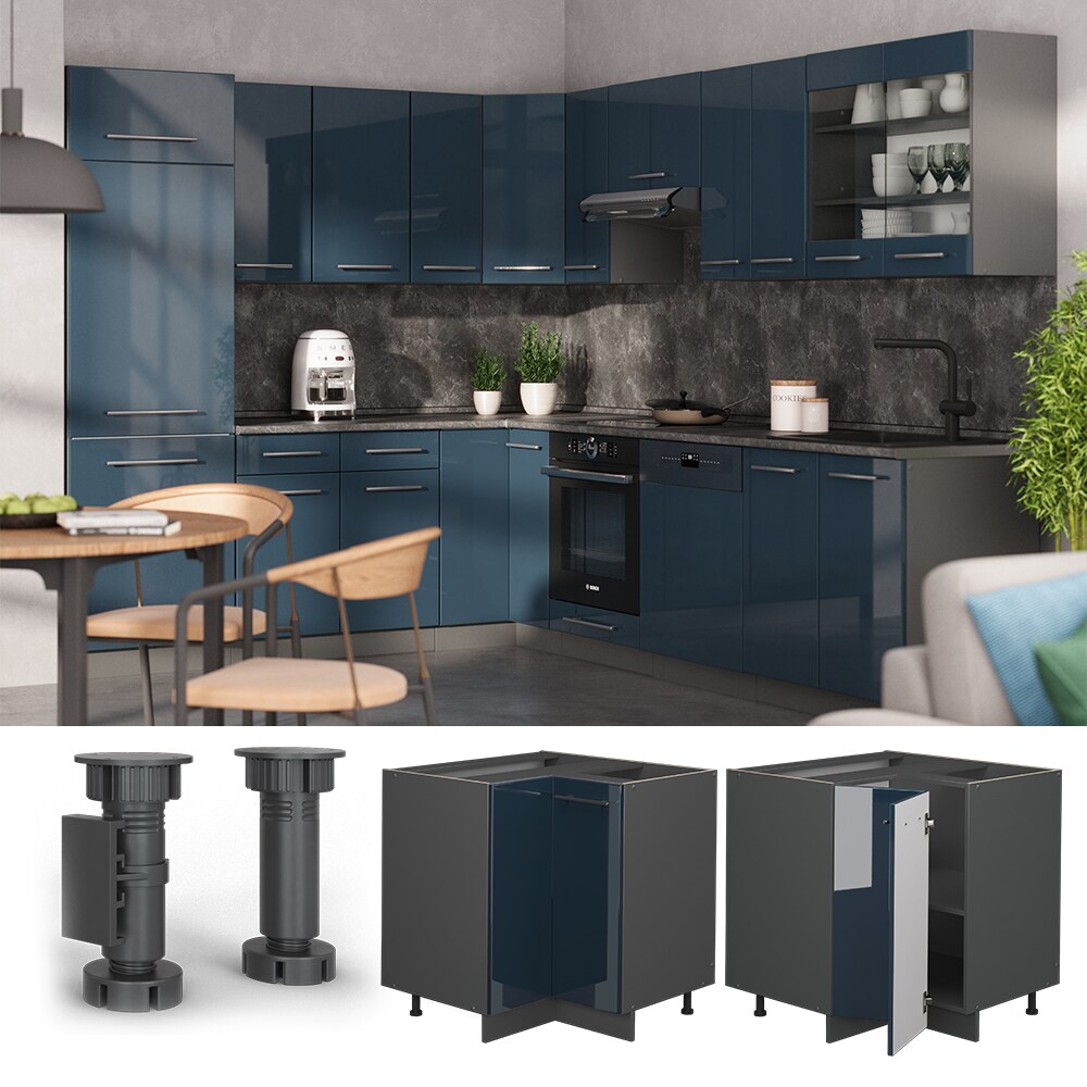 Vicco Eckunterschrank Fame-Line Anthrazit Dunkelblau Hochglanz 87 cm mit Arbeitsplatte Eiche 