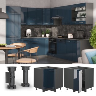 Vicco Eckunterschrank Fame-Line Anthrazit Dunkelblau Hochglanz 87 cm mit Arbeitsplatte Eiche 