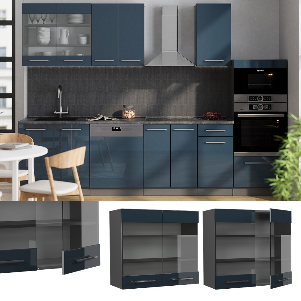 Vicco Glash&auml;ngeschrank Fame-Line Anthrazit Dunkelblau Hochglanz 80 cm 