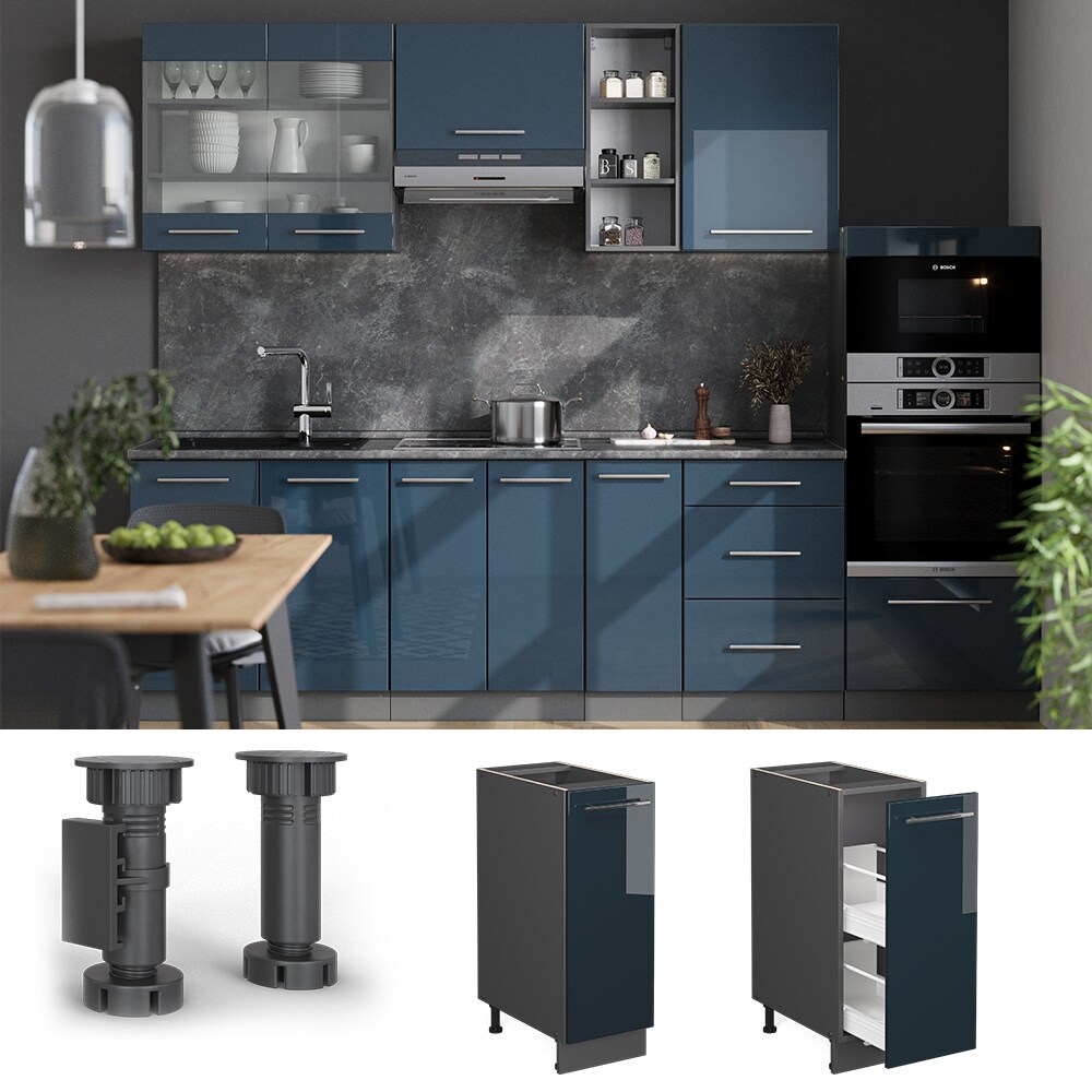 Vicco Apothekerunterschrank Fame-Line Anthrazit Dunkelblau Hochglanz 30 cm mit Arbeitsplatte Wei&szlig;-Marmor 