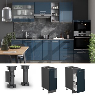 Vicco Apothekerunterschrank Fame-Line Anthrazit Dunkelblau Hochglanz 30 cm mit Arbeitsplatte Weiß-Marmor 