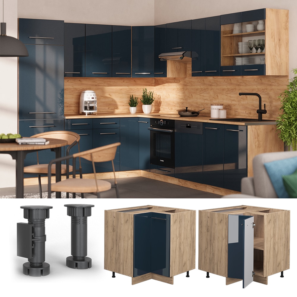 Vicco Eckunterschrank Fame-Line Eiche Dunkelblau Hochglanz 87 cm ohne Arbeitsplatte 