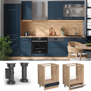 Vicco Herdumbauschrank Fame-Line Eiche Dunkelblau Hochglanz 60 cm mit Arbeitsplatte Anthrazit 