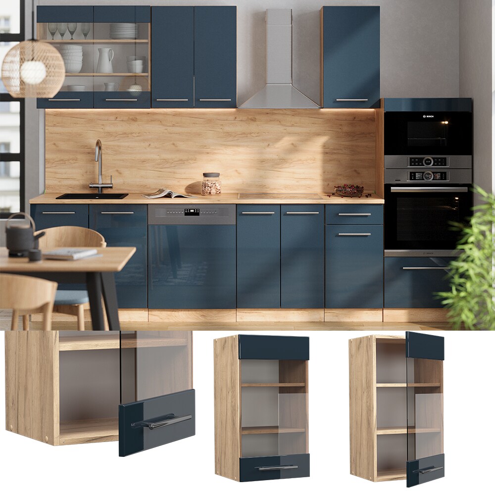 Vicco Glash&auml;ngeschrank Fame-Line Eiche Dunkelblau Hochglanz 40 cm 