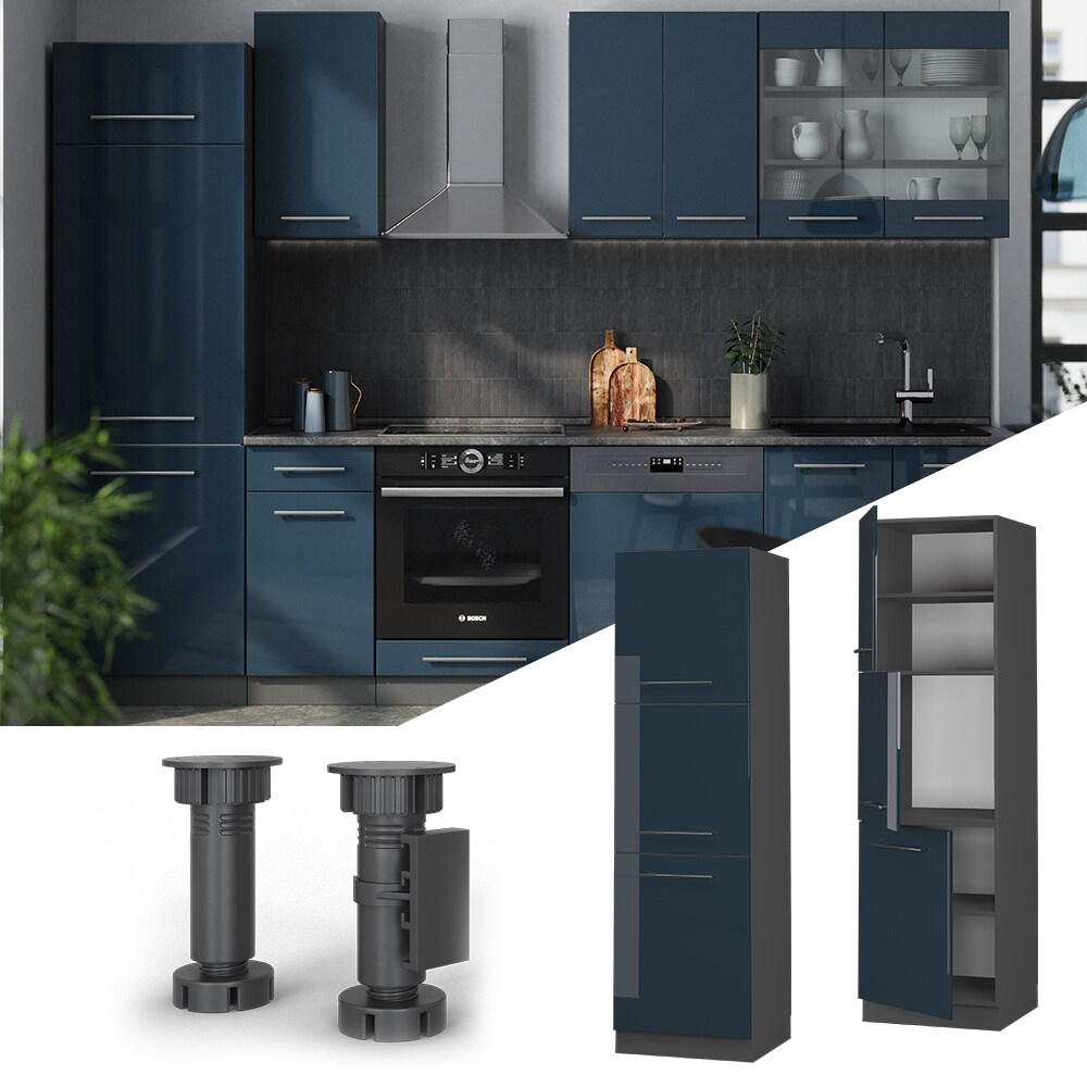 Vicco Herdschrank Fame-Line Anthrazit Dunkelblau Hochglanz 60 cm 3 T&uuml;ren 