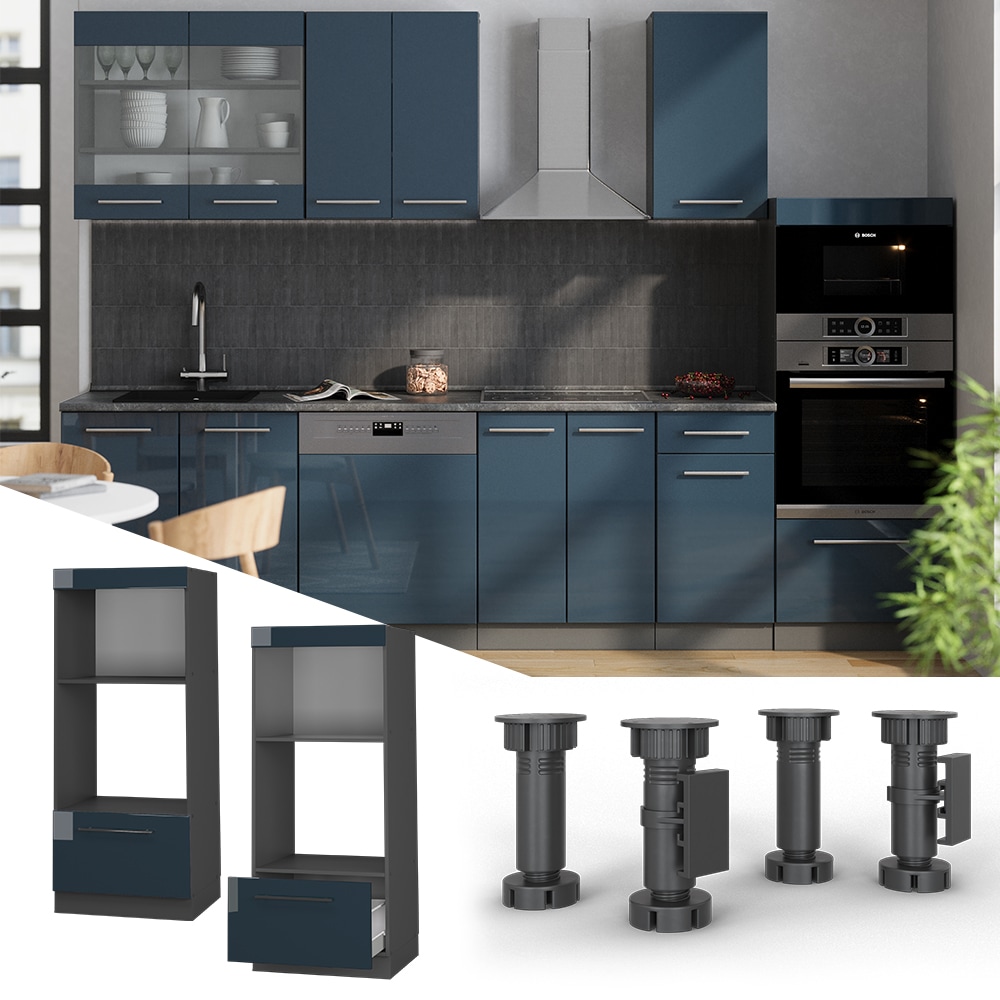 Vicco Mikrowellenschrank Fame-Line Anthrazit Dunkelblau Hochglanz 60 cm mit Schublade 