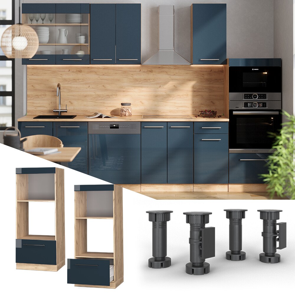 Vicco Mikrowellenschrank Fame-Line Eiche Dunkelblau Hochglanz 60 cm mit Schublade 