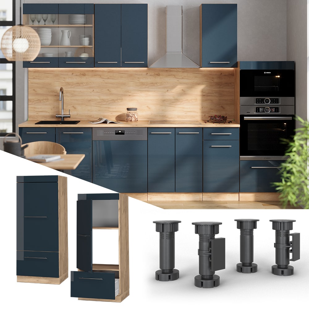 Vicco Mikrowellenschrank Fame-Line Eiche Dunkelblau Hochglanz 60 cm mit Schublade & T&uuml;r 