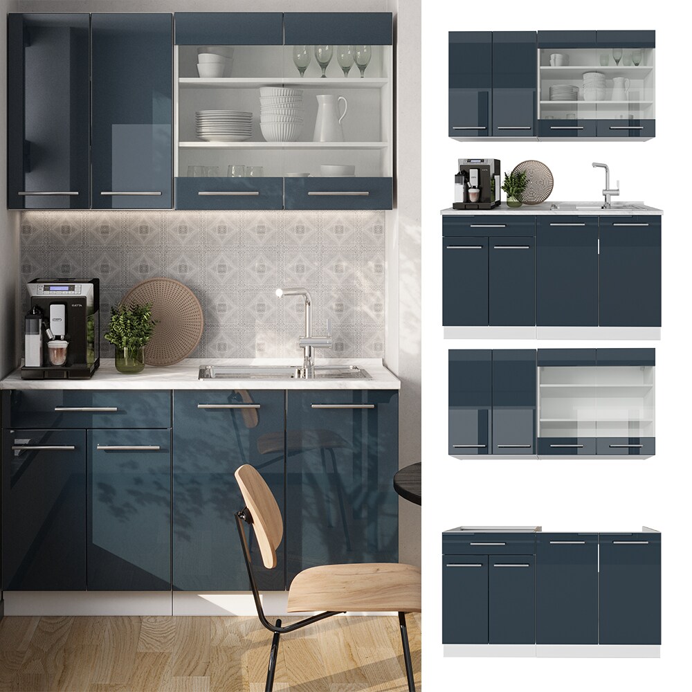 Vicco K&uuml;chenzeile Fame-Line Wei&szlig; Dunkelblau Hochglanz 140 cm ohne Arbeitsplatte 