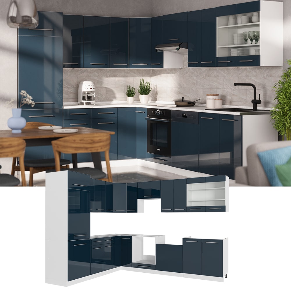 Vicco Eckk&uuml;che Fame-Line Wei&szlig; Dunkelblau Hochglanz 287x227 cm mit Arbeitsplatte Anthrazit 