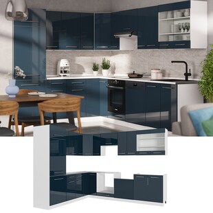 Vicco Eckküche Fame-Line Weiß Dunkelblau Hochglanz 287x227 cm mit Arbeitsplatte Weiß-Marmor 