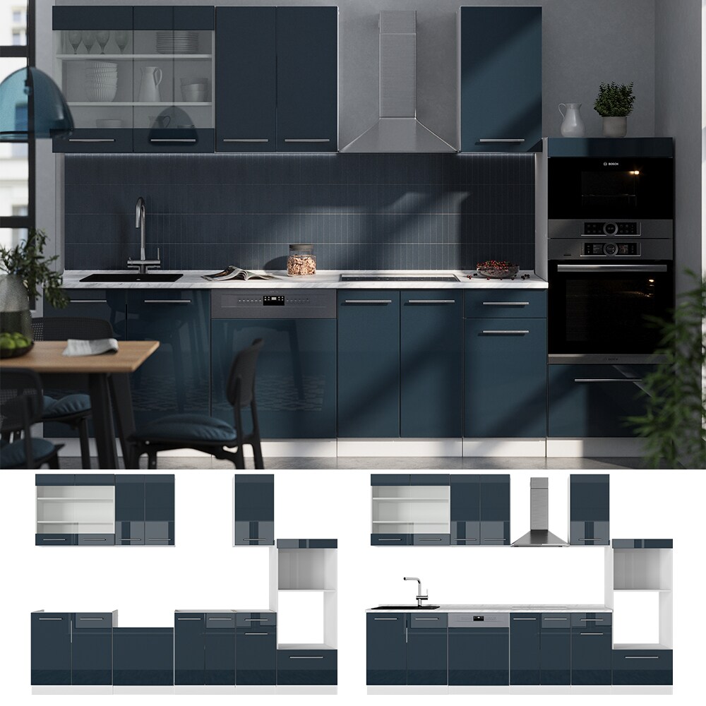 Vicco K&uuml;chenzeile Fame-Line Wei&szlig; Dunkelblau Hochglanz 300 cm mit Arbeitsplatte Wei&szlig;-Marmor 