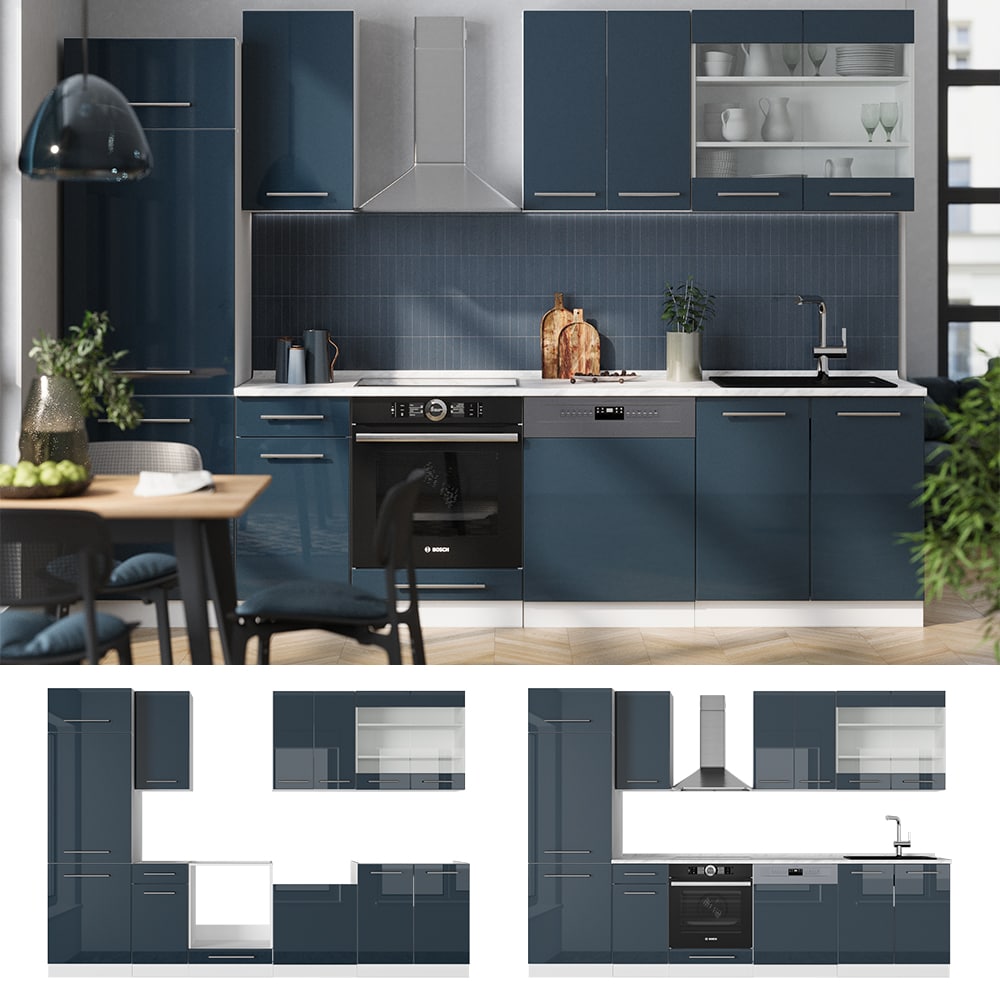 Vicco K&uuml;chenzeile Fame-Line Wei&szlig; Dunkelblau Hochglanz 300 cm mit Arbeitsplatte Anthrazit 