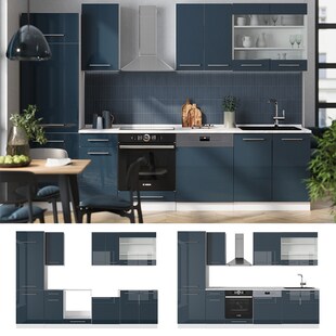 Vicco Küchenzeile Fame-Line Weiß Dunkelblau Hochglanz 300 cm mit Arbeitsplatte Weiß-Marmor 