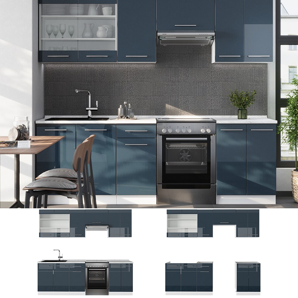 Vicco K&uuml;chenzeile Fame-Line Wei&szlig; Dunkelblau Hochglanz 240 cm mit Arbeitsplatte Anthrazit 