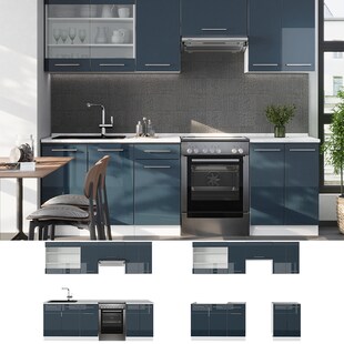 Vicco Küchenzeile Fame-Line Weiß Dunkelblau Hochglanz 240 cm mit Arbeitsplatte Eiche 