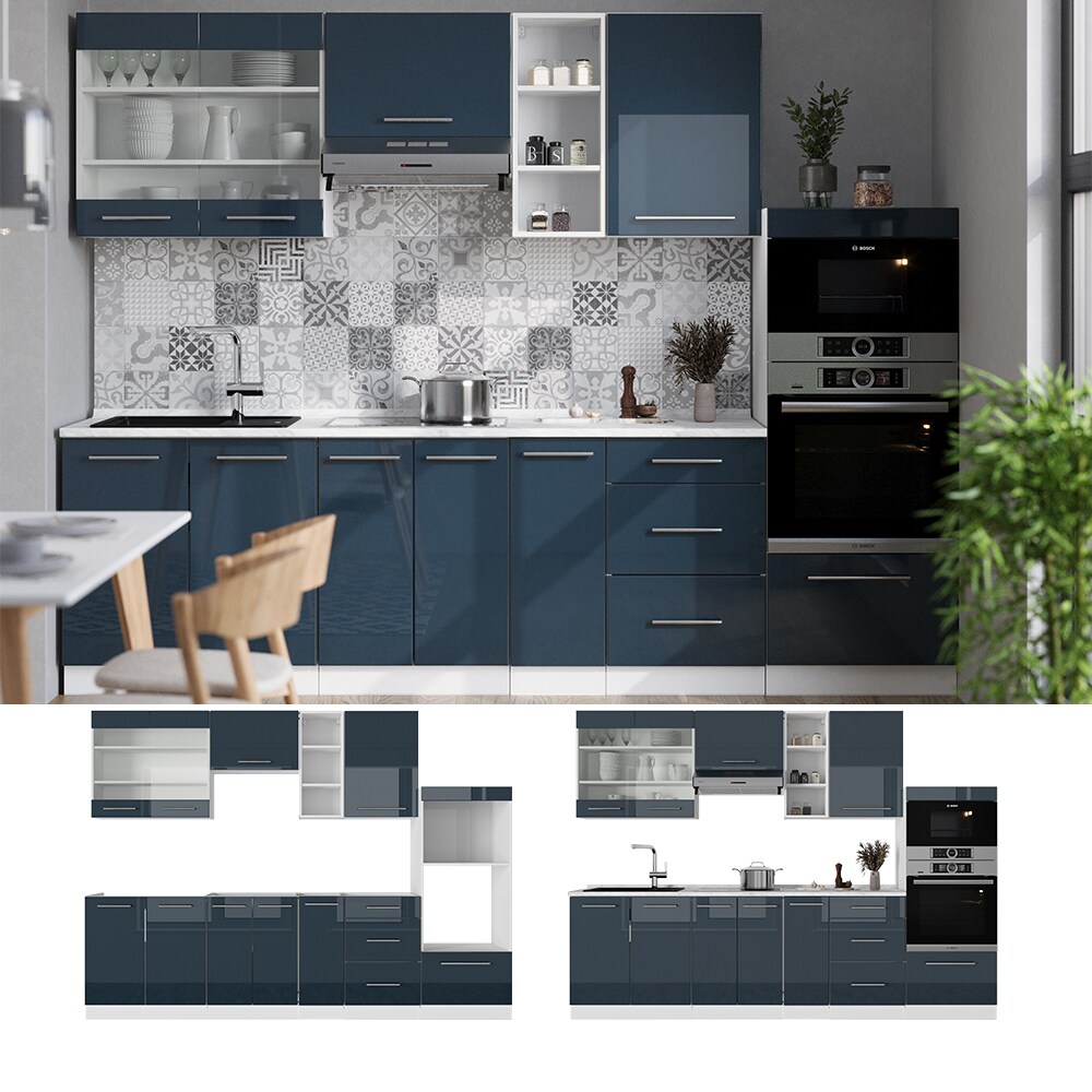 Vicco K&uuml;chenzeile Fame-Line Wei&szlig; Dunkelblau Hochglanz 280 cm mit Arbeitsplatte Eiche 