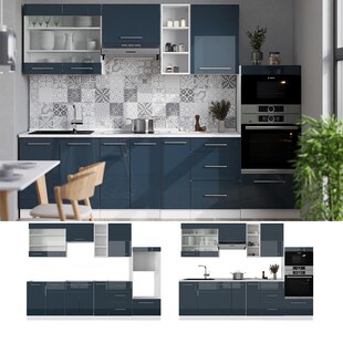 Vicco Küchenzeile Fame-Line Weiß Dunkelblau Hochglanz 280 cm mit Arbeitsplatte Eiche 