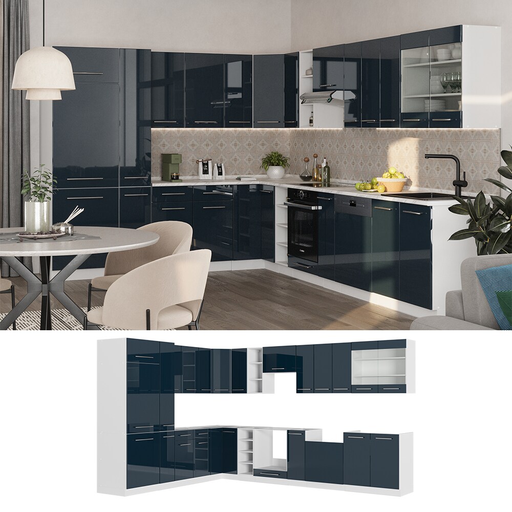 Vicco Eckk&uuml;che Fame-Line Wei&szlig; Dunkelblau Hochglanz 257x347 cm mit Arbeitsplatte Eiche 