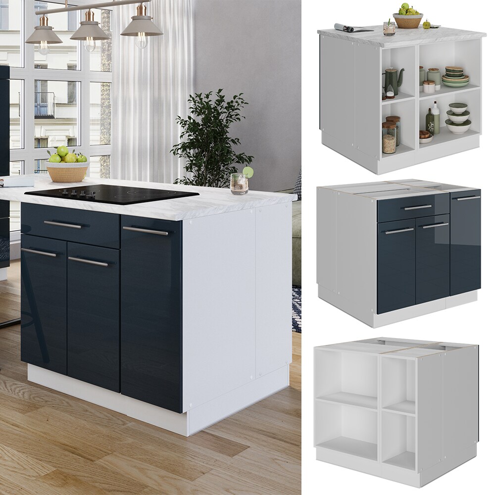 Vicco K&uuml;cheninsel Fame-Line Wei&szlig; Dunkelblau Hochglanz 90 cm offen 