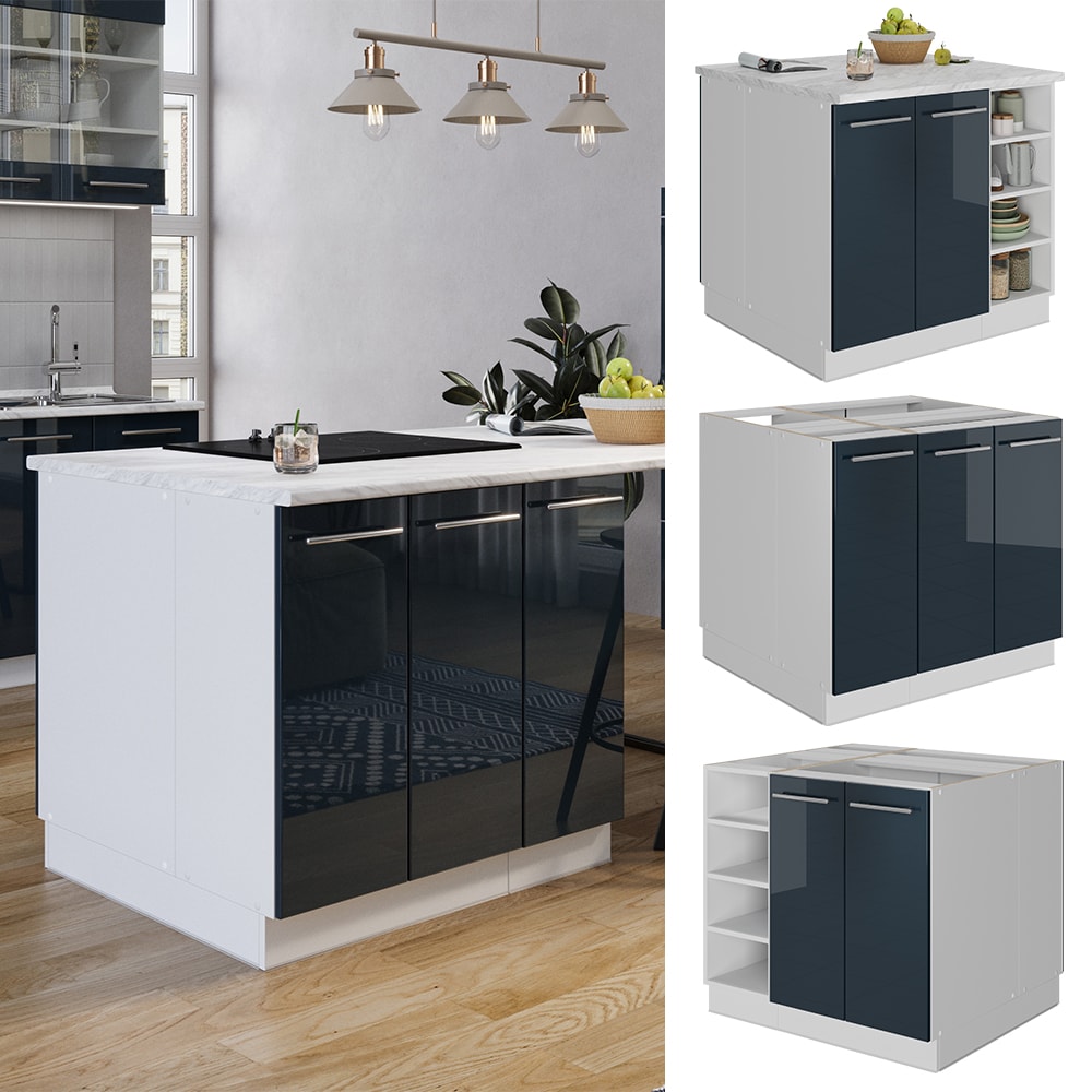 Vicco K&uuml;cheninsel Fame-Line Wei&szlig; Dunkelblau Hochglanz 90 cm geschlossen 