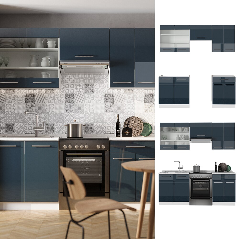 Vicco K&uuml;chenzeile Fame-Line Wei&szlig; Dunkelblau Hochglanz 200 cm mit Arbeitsplatte Anthrazit 