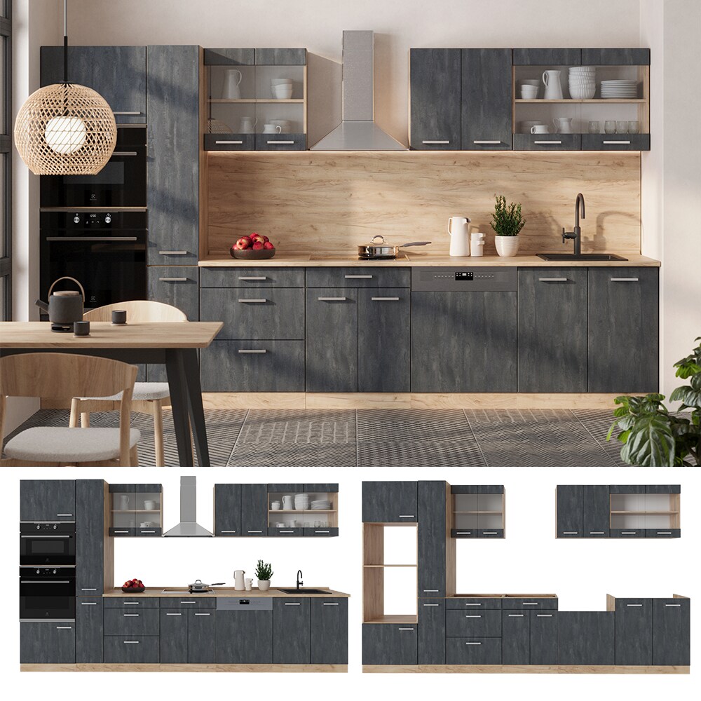 Vicco K&uuml;chenzeile R-Line 350 cm Schwarz Beton Eiche mit Arbeitsplatte Wei&szlig;-Marmor 