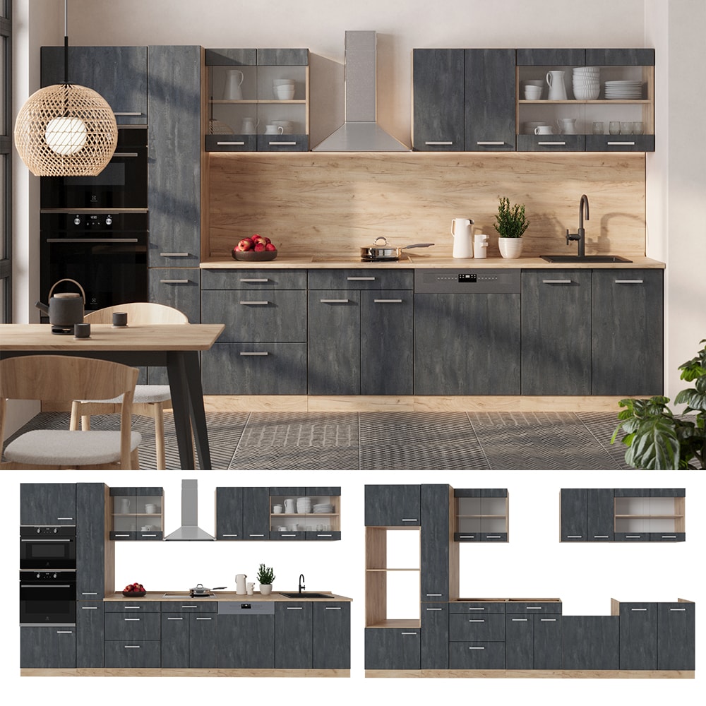 Vicco K&uuml;chenzeile R-Line 350 cm Schwarz Beton Eiche mit Arbeitsplatte Anthrazit 