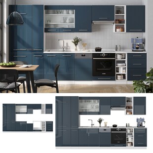 Vicco Küchenzeile Fame-Line Weiß Dunkelblau Hochglanz 355 cm mit Arbeitsplatte Anthrazit 