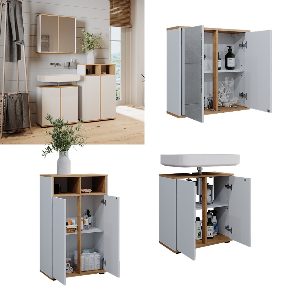 Vicco Badmöbel-Set Didi Weiß Eiche 3 Teile Midischrank mit 2 Türen