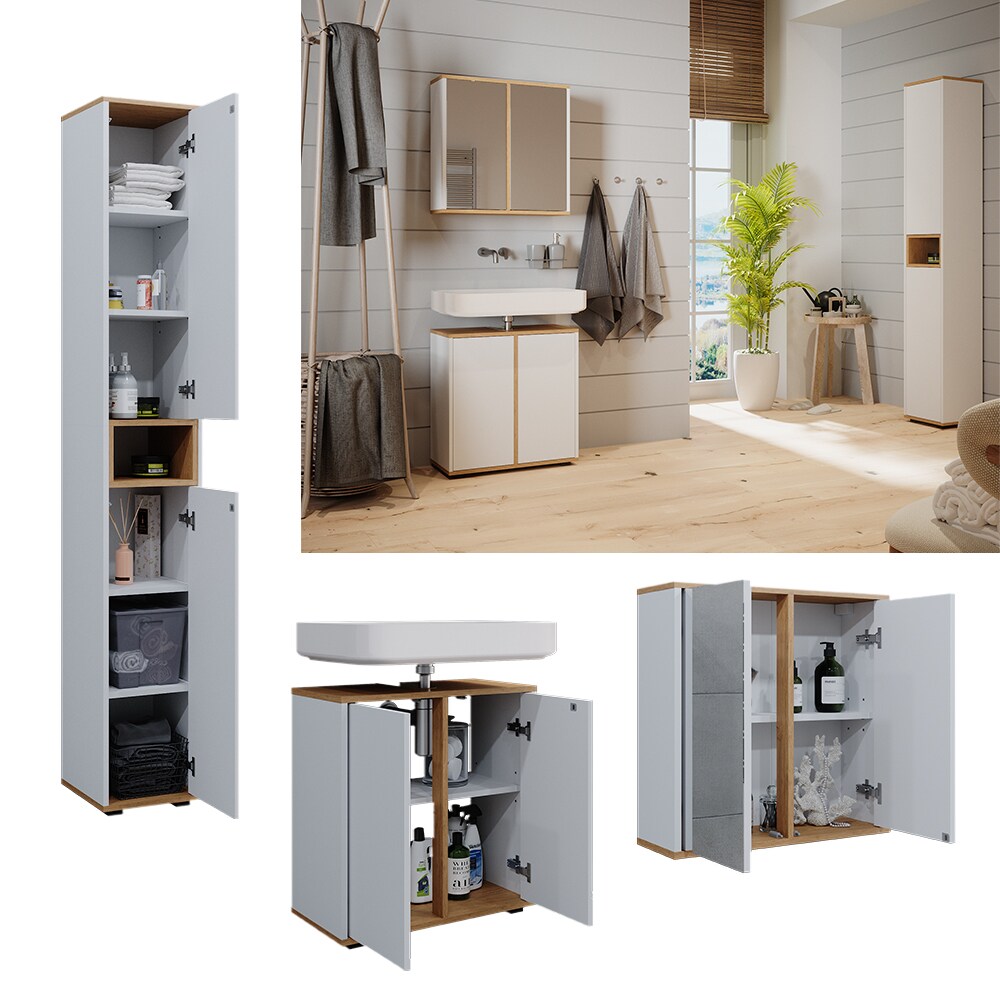 Vicco Badm&ouml;bel-Set Didi Wei&szlig; Eiche 3 Teile mit Hochschrank 