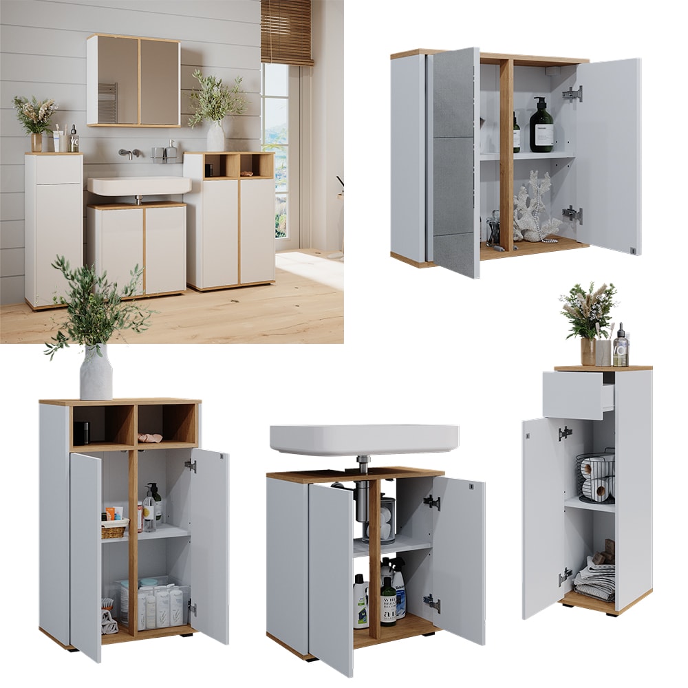 Vicco Badm&ouml;bel-Set Didi Wei&szlig; Eiche 4 Teile mit 2 Midischr&auml;nken 