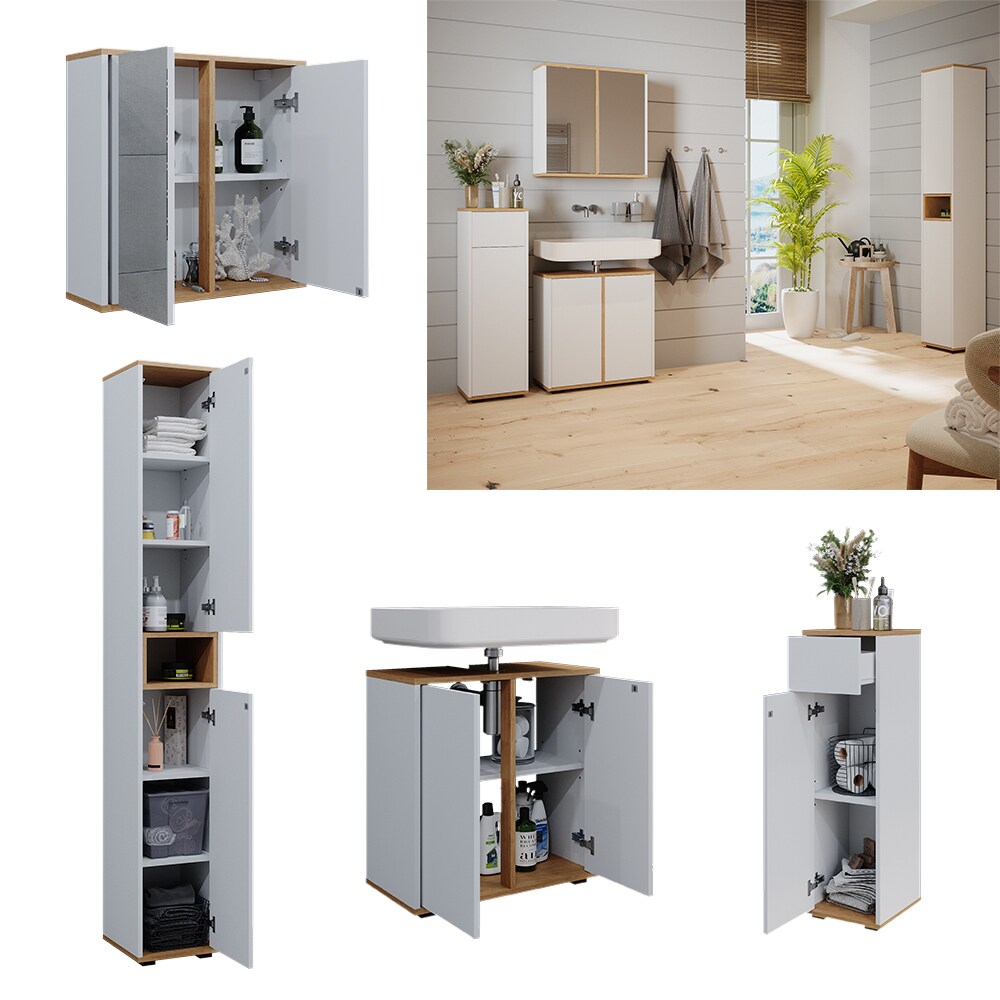 Vicco Badm&ouml;bel-Set Didi Wei&szlig; Eiche 4 Teile Hochschrank Midischrank mit Schublade 