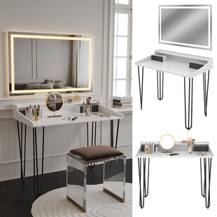 Vicco Schminktisch Sannar Weiß Schwarz 110 x 60 cm mit LED-Spiegel 