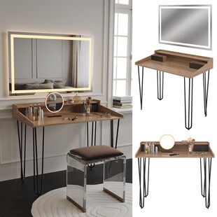 Vicco Schminktisch Sannar Eiche Schwarz 110 x 60 cm mit LED-Spiegel 