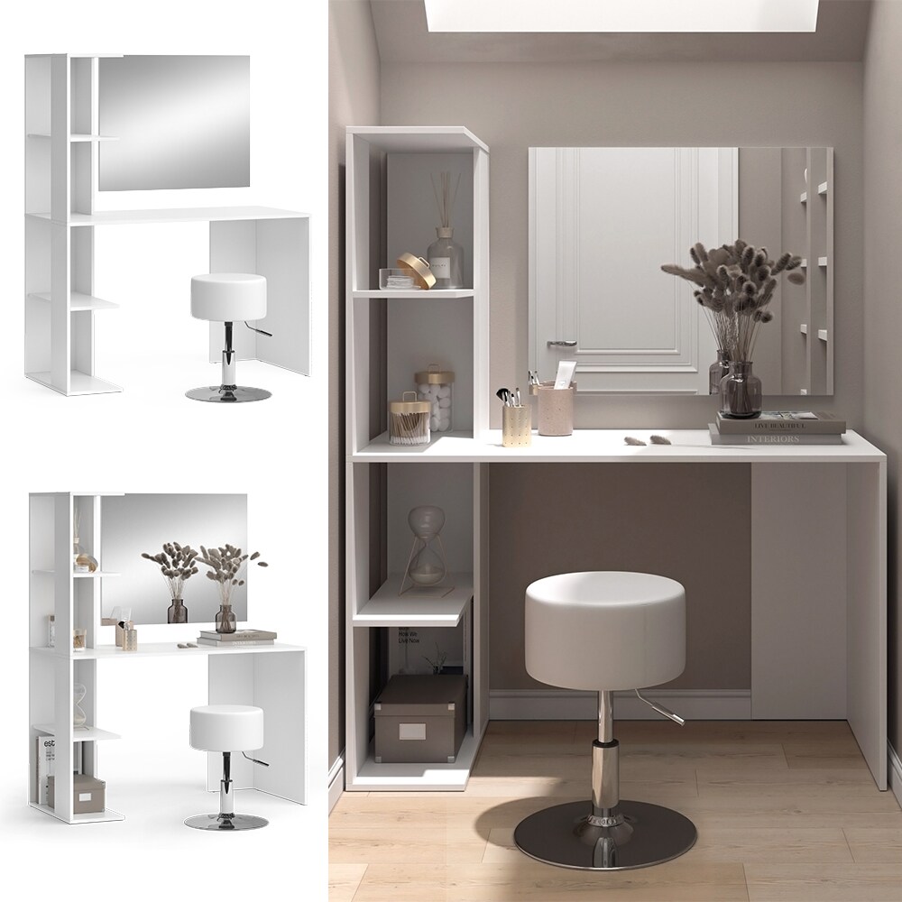 Vicco Schminktisch Tower Wei&szlig; 122 x 55 cm mit Spiegel und Hocker 