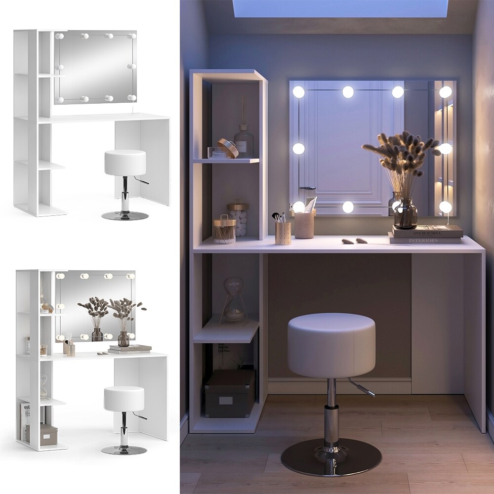 Vicco Schminktisch Tower Wei&szlig; 122 x 55 cm mit Beleuchtung und Hocker 