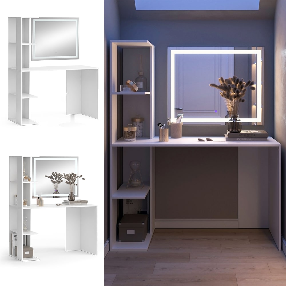 Vicco Schminktisch Tower Wei&szlig; 122 x 55 cm mit LED-Spiegel 