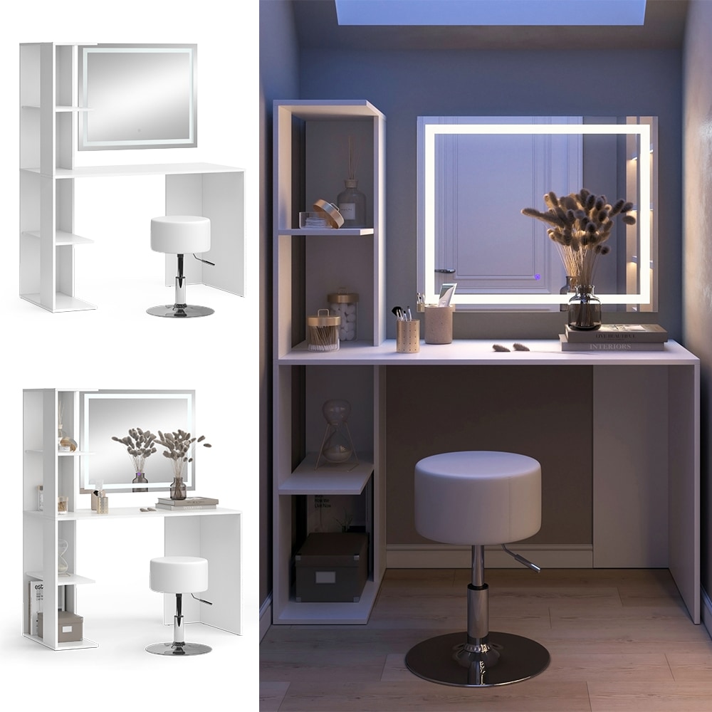 Vicco Schminktisch Tower Wei&szlig; 122 x 55 cm mit LED-Spiegel und Hocker 