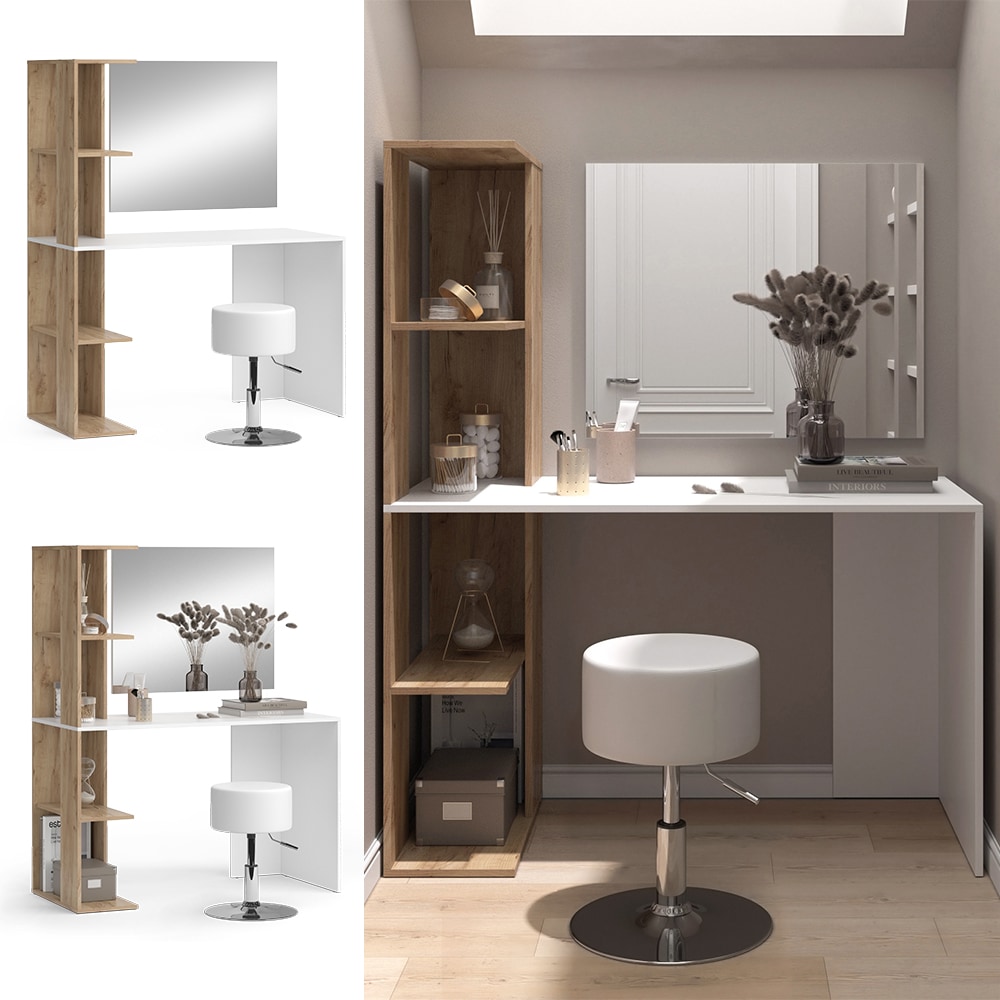 Vicco Schminktisch Tower Wei&szlig; Sonoma 122 x 55 cm mit Spiegel und Hocker 
