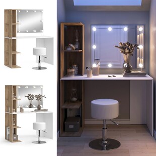 Vicco Schminktisch Tower Weiß Sonoma 122 x 55 cm mit Beleuchtung und Hocker 