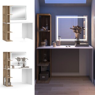 Vicco Schminktisch Tower Weiß Sonoma 122 x 55 cm mit LED-Spiegel 