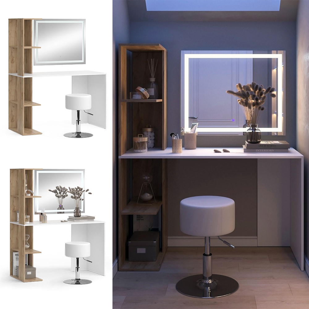 Vicco Schminktisch Tower Wei&szlig; Sonoma 122 x 55 cm mit LED-Spiegel und Hocker 
