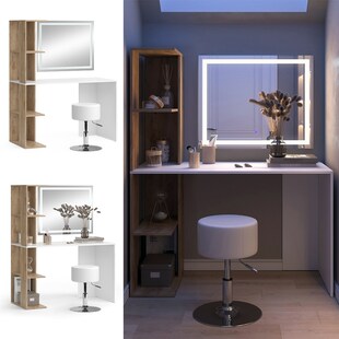 Vicco Schminktisch Tower Weiß Sonoma 122 x 55 cm mit LED-Spiegel und Hocker 
