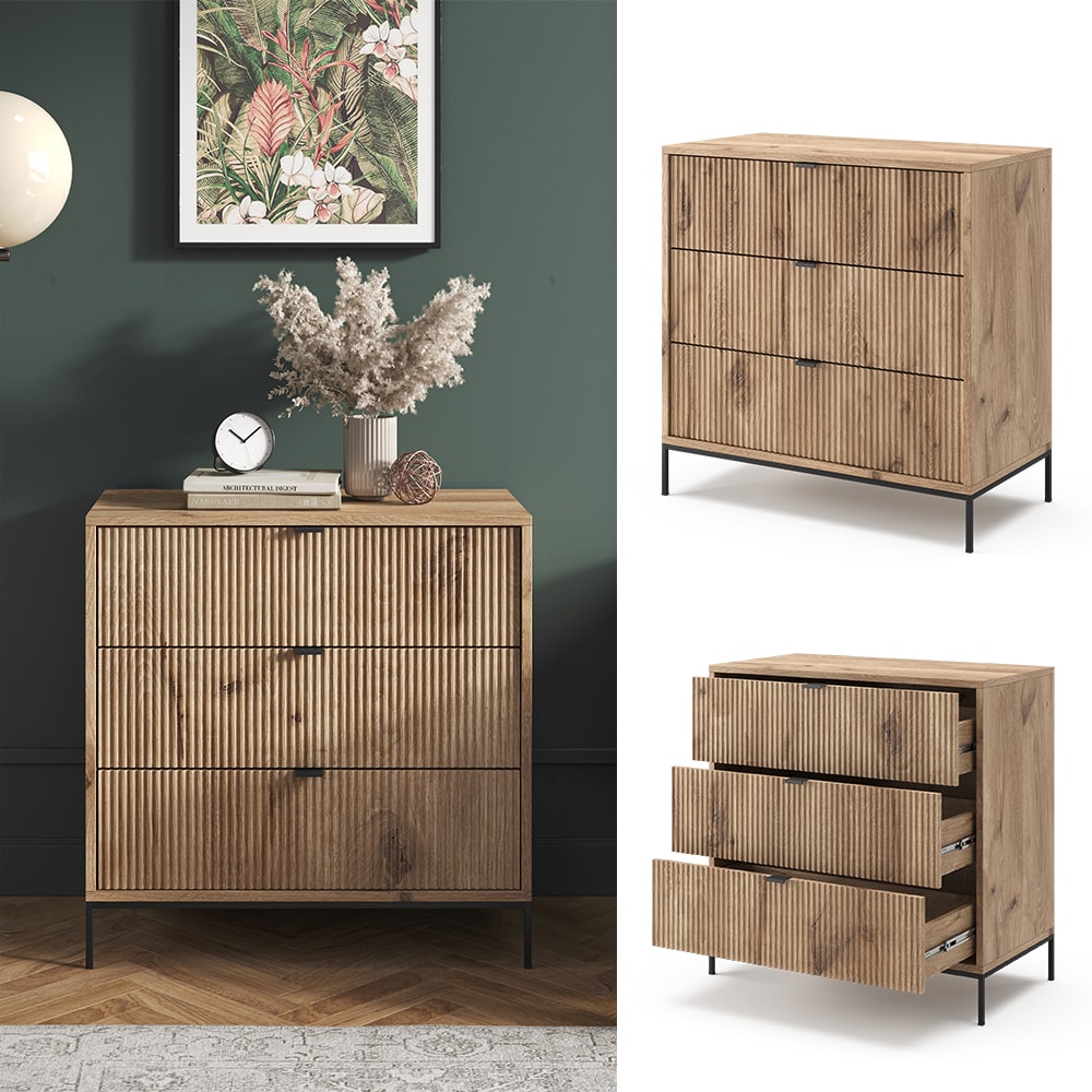 Vicco Kommode Eliza Viking Oak 80 x 81,2 cm mit 3 Schubladen 