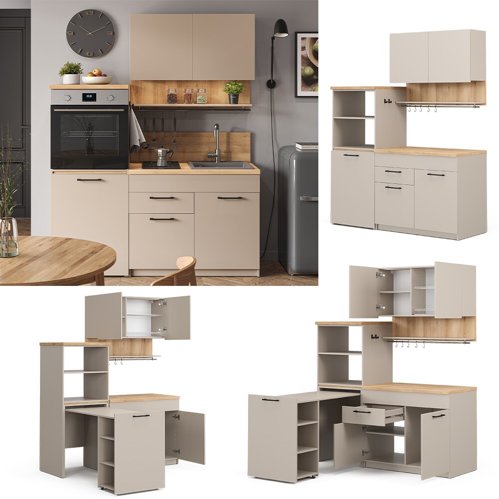 Vicco Singlek&uuml;che Egbert Greige Eiche 160 cm mit ausziehbarem Tisch 