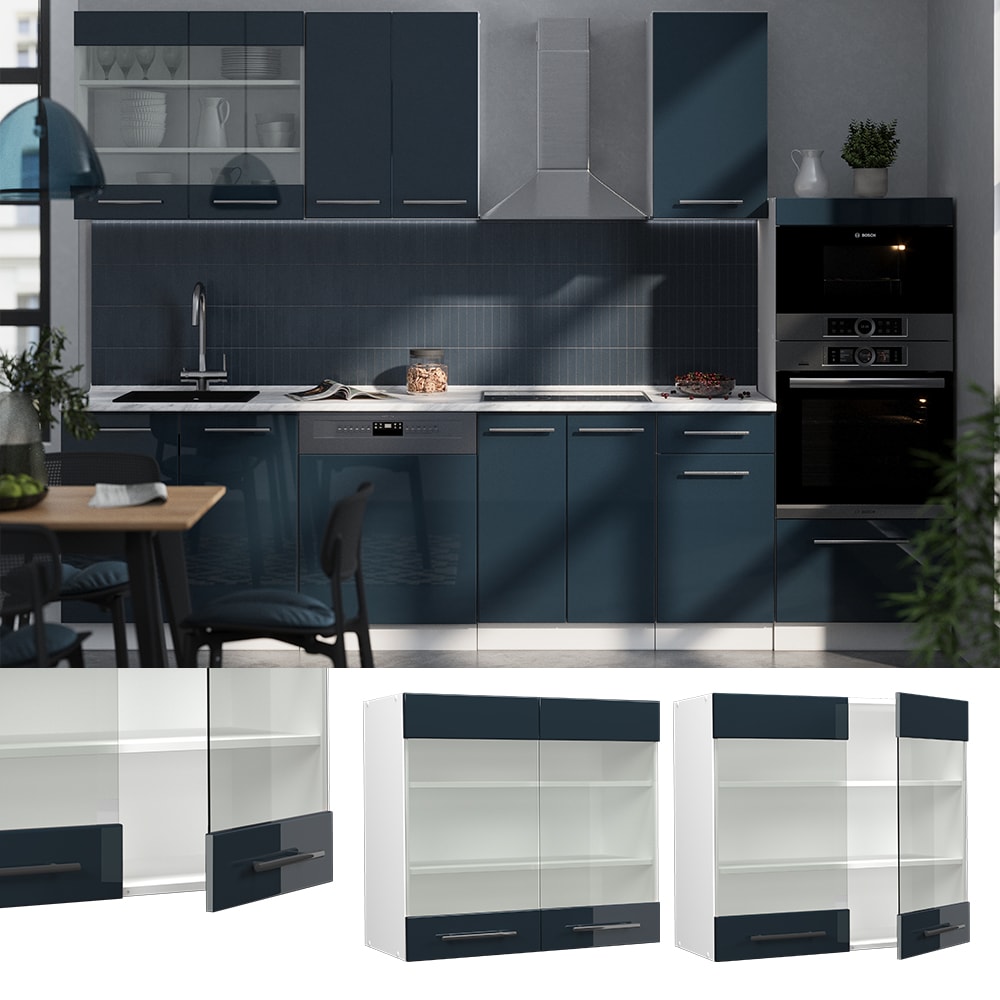 Vicco Glash&auml;ngeschrank Fame-Line Wei&szlig; Dunkelblau Hochglanz 80 cm 