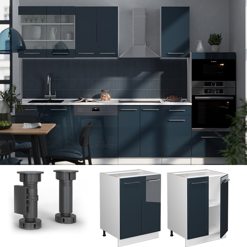 Vicco Unterschrank Fame-Line Wei&szlig; Dunkelblau Hochglanz 60 cm mit Arbeitsplatte Eiche 