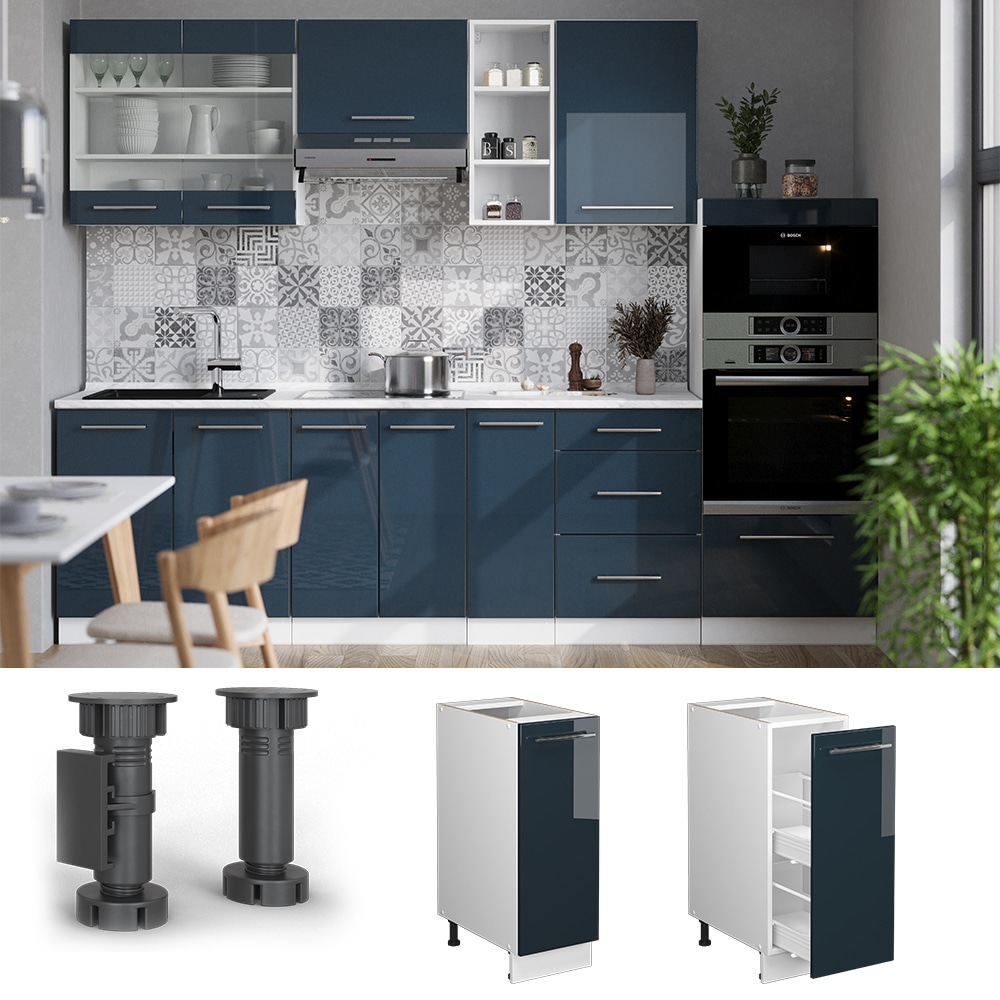 Vicco Apothekerunterschrank Fame-Line Wei&szlig; Dunkelblau Hochglanz 30 cm mit Arbeitsplatte Eiche 